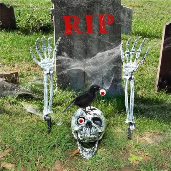 Skeletons Halloween Decorations Outdoor, Realistic Skeleton Hands and Head - Picture 3 of 8